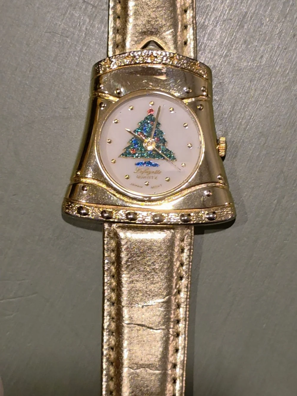 Vintage Lafayette Christmas Tree Bell-Shaped Watch | Gold Tone Metallic Leather